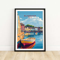 Plymouth Travel Poster showcasing a picturesque harbour scene in vibrant colors and framed wall decor.
