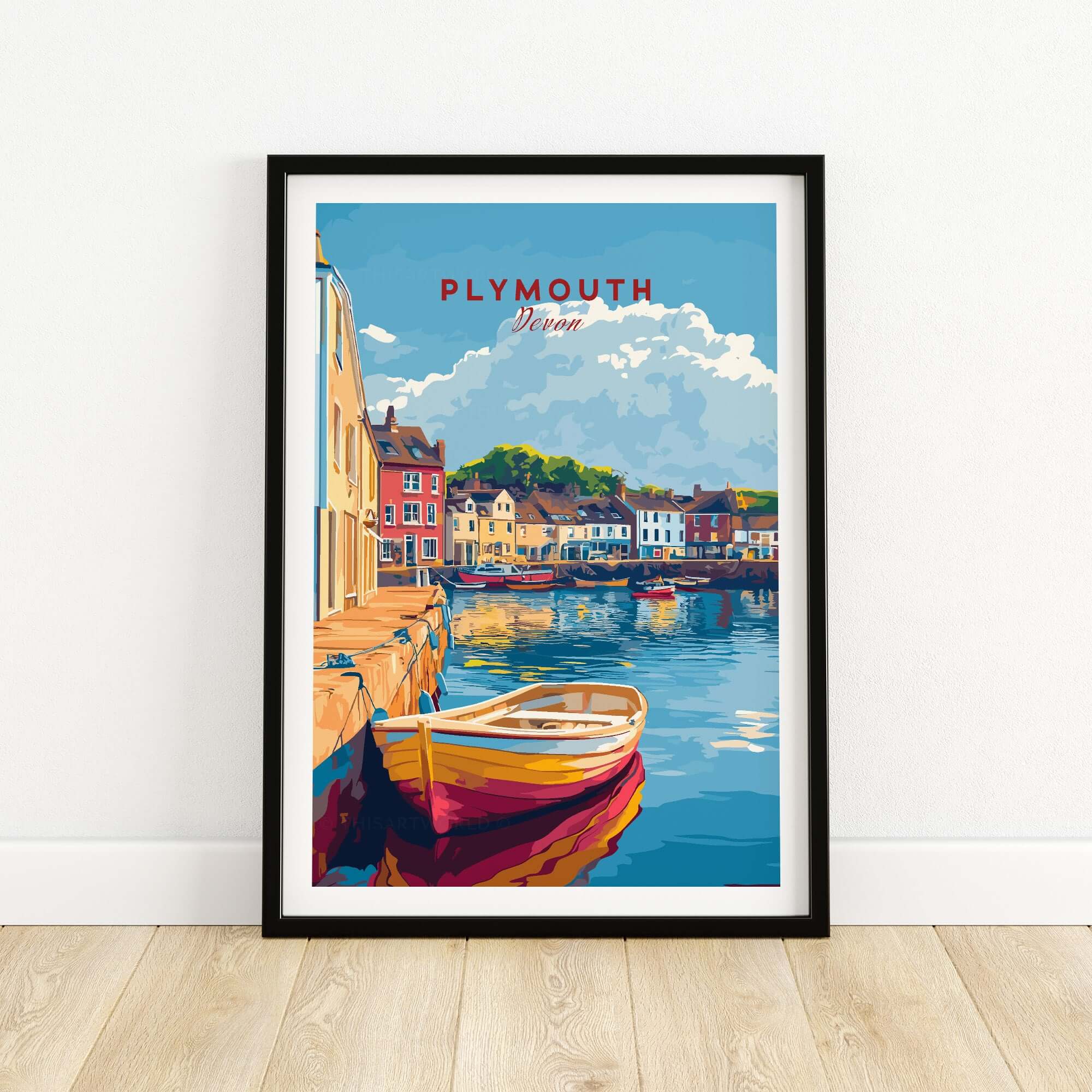 Plymouth Travel Poster showcasing a picturesque harbour scene in vibrant colors and framed wall decor.