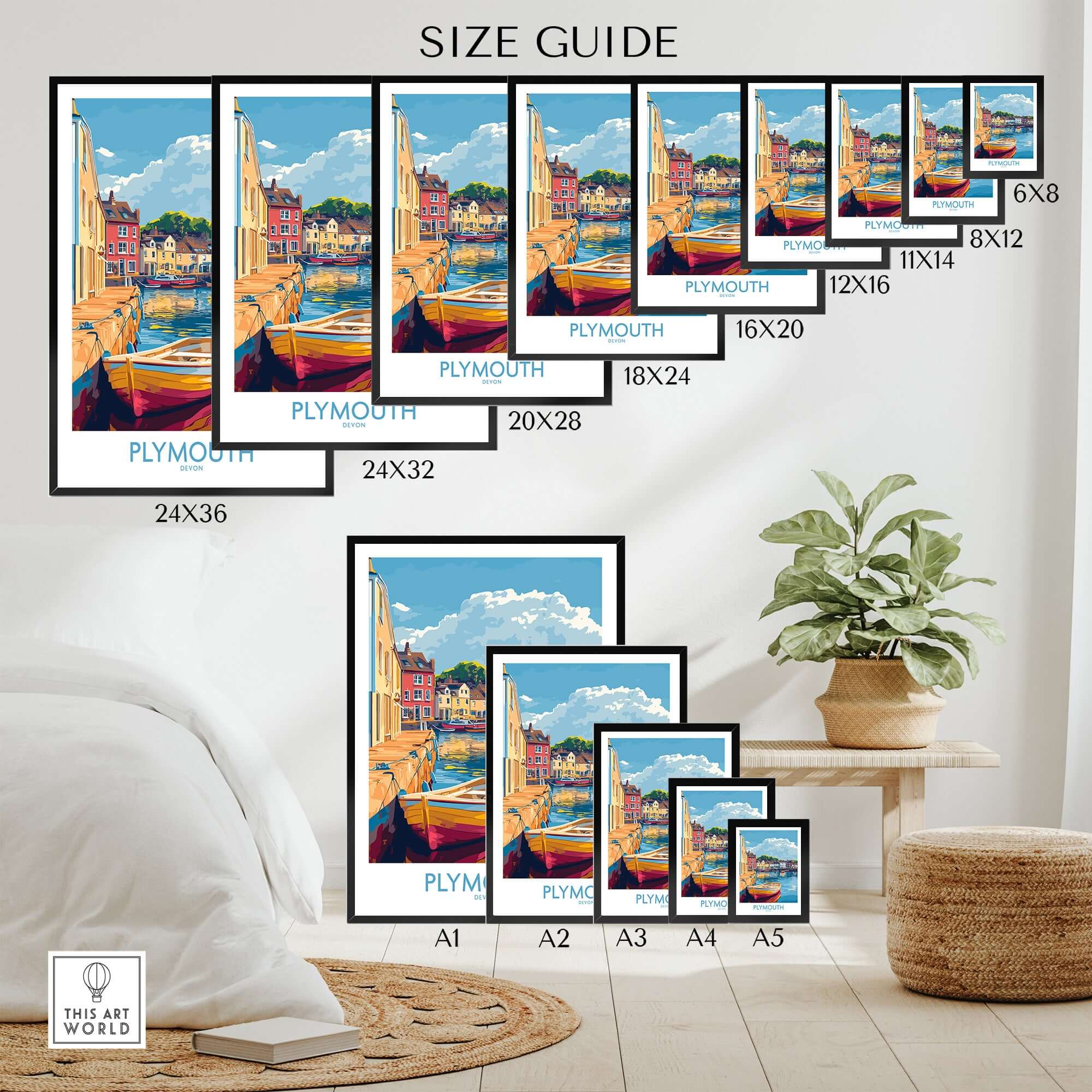 Plymouth Wall Art Poster size guide showing various print sizes with stunning seaside harbour artwork.