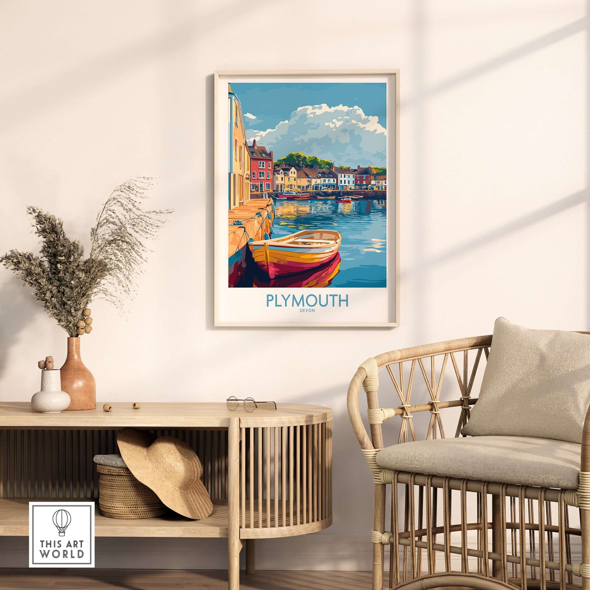 Plymouth Wall Art Poster showcasing a picturesque harbour scene in a stylish interior setting.
