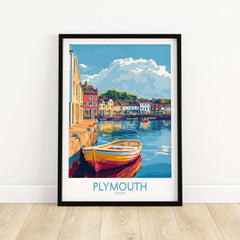 Plymouth Wall Art Poster showcasing a vibrant harbor scene in Devon with colorful buildings and a boat.