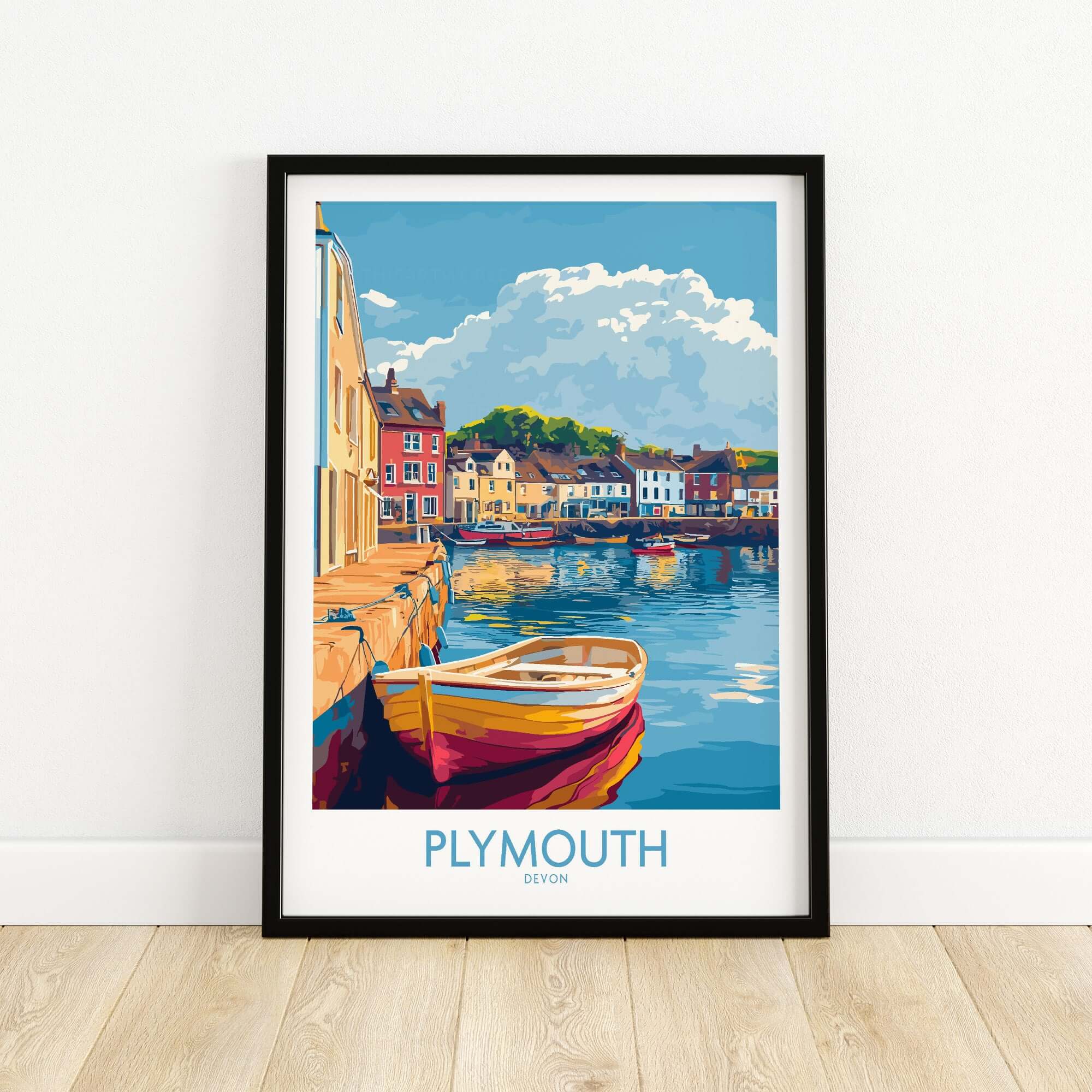 Plymouth Wall Art Poster showcasing a vibrant harbor scene in Devon with colorful buildings and a boat.