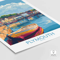 Plymouth Wall Art Poster featuring a colorful harbour scene with boats and vibrant reflections, perfect for coastal decor.