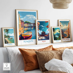 Plymouth Wall Art Poster displayed among other travel-themed prints on a stylish interior wall.