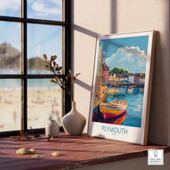 Plymouth Wall Art Poster displayed in a bright room with a view of the beach and a serene harbour scene.