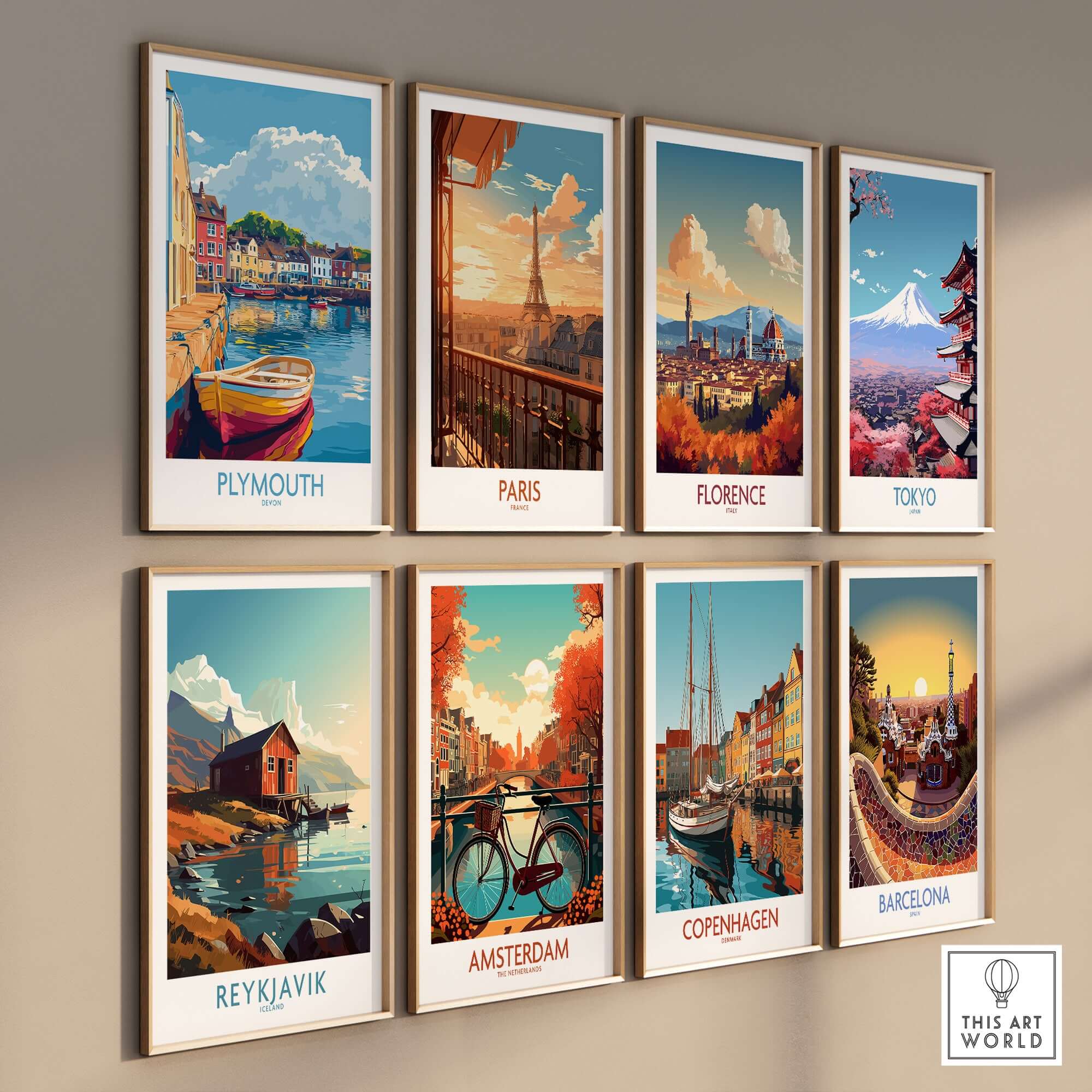 Plymouth Wall Art Poster collection showcasing picturesque locations including Paris, Florence, and more.