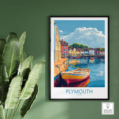 Plymouth Wall Art Poster showcasing a colorful harbour scene, adding coastal elegance to any room. Devon Print.