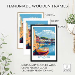 Plymouth Wall Art Poster framed in handmade wooden frames in black, white, and natural finishes, featuring a picturesque harbour.