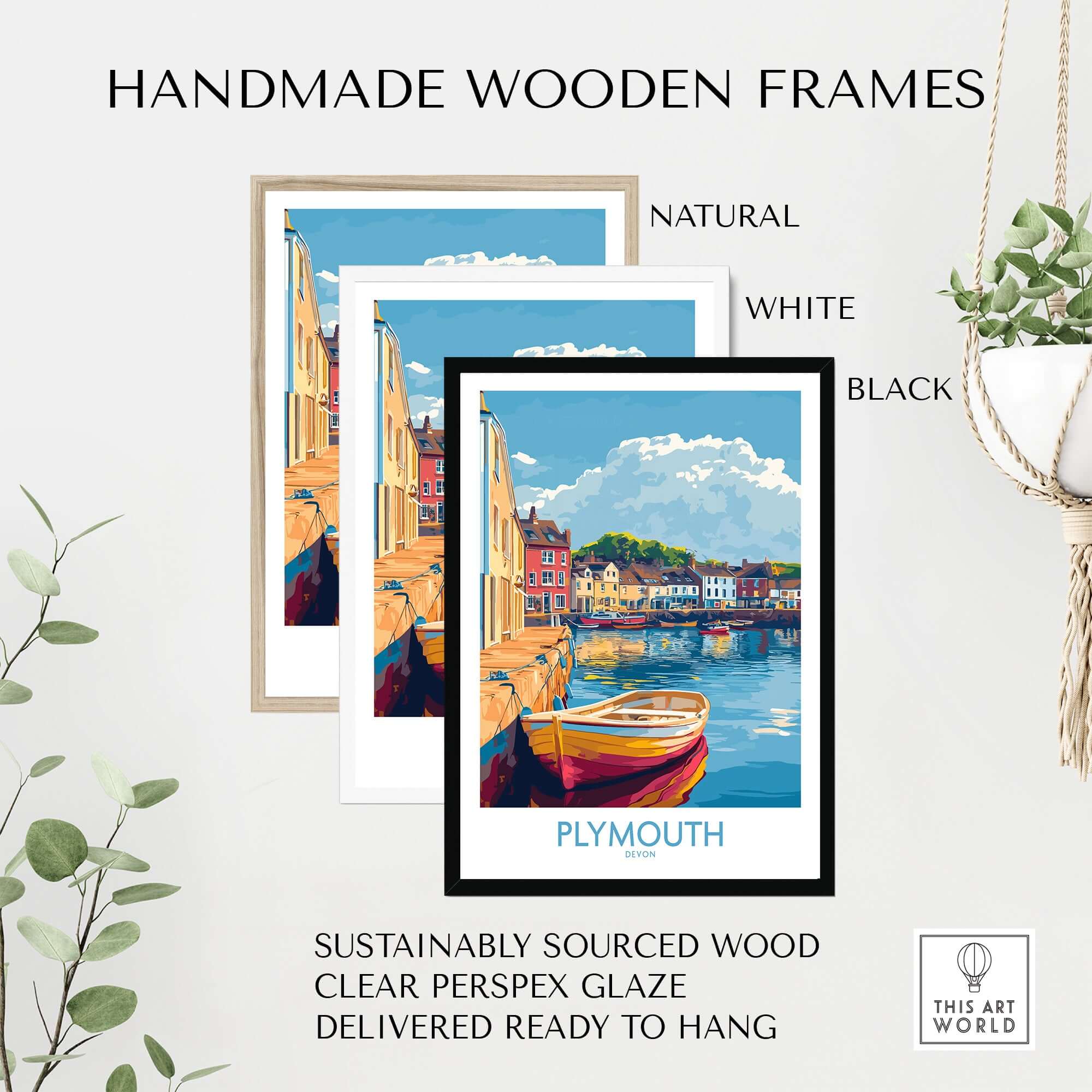 Plymouth Wall Art Poster framed in handmade wooden frames in black, white, and natural finishes, featuring a picturesque harbour.