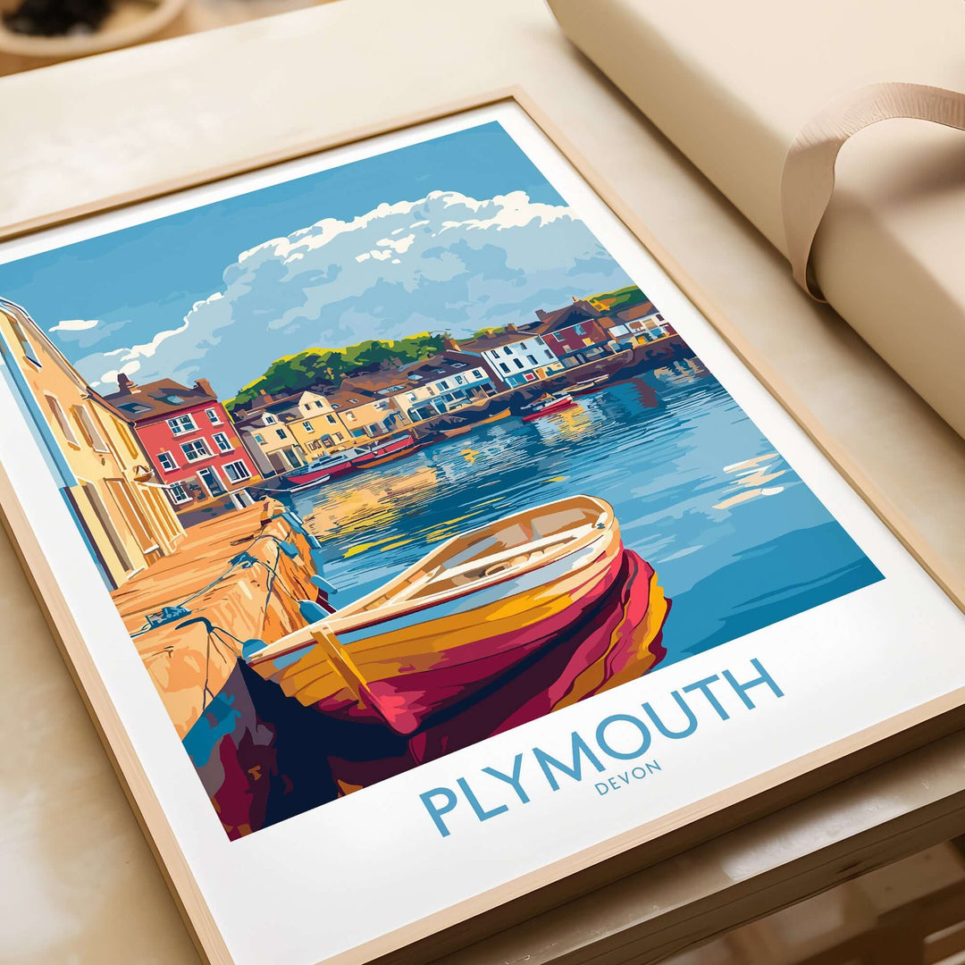 Plymouth wall art poster featuring a colorful harbour scene in Devon, perfect for coastal home decor.