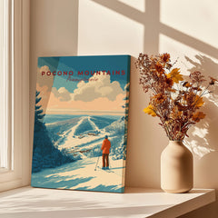 Pocono Mountains Ski Print showcasing a scenic winter landscape with a skier against a backdrop of snowy hills.