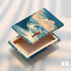 Pocono Mountains Ski Print on a decorative box showcasing a scenic winter landscape and skier.