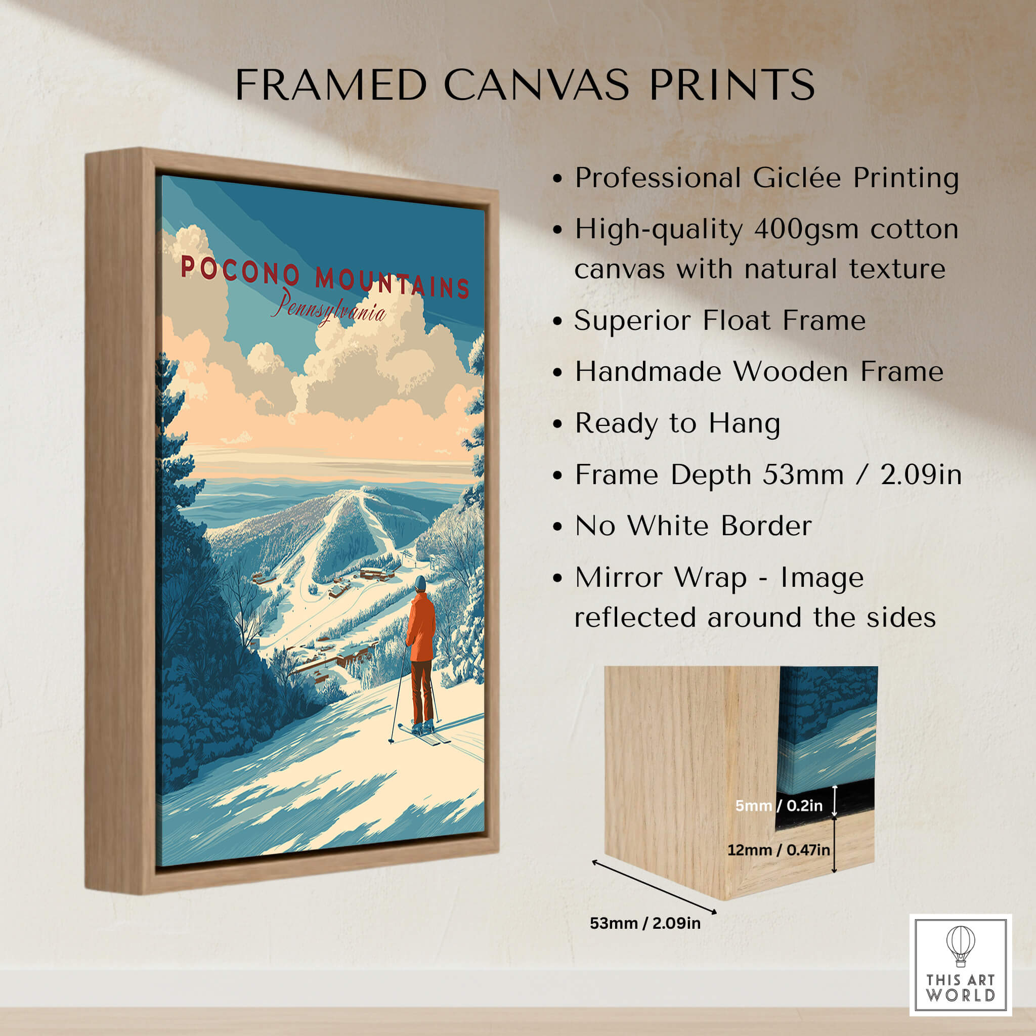 Pocono Mountains Ski Print framed canvas art featuring a scenic snowy landscape and skier.