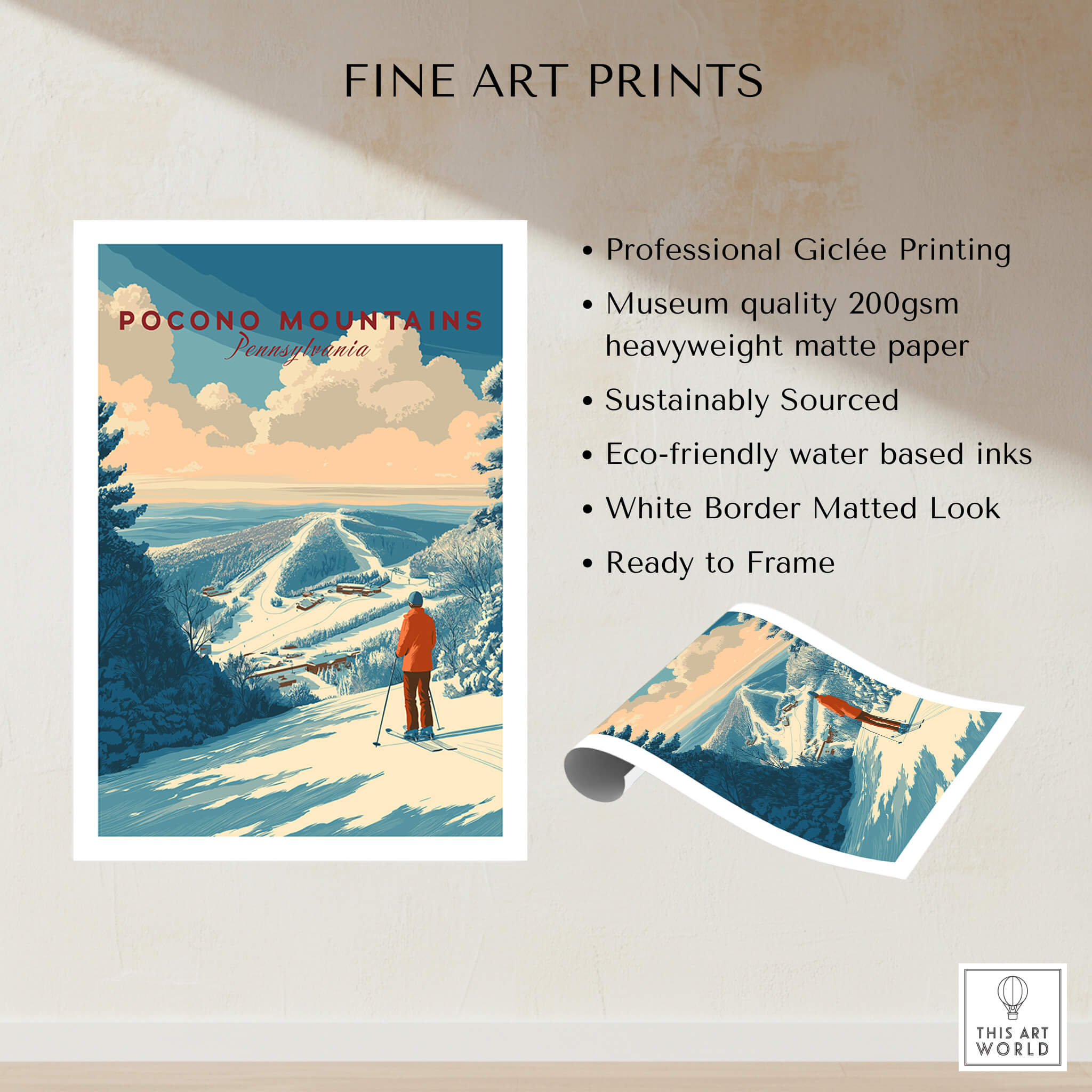 Pocono Mountains Ski Print featuring scenic winter landscape with skiing figure and beautiful mountain views.