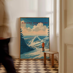 Pocono Mountains Ski Print showcasing a scenic view of snowy slopes in a cozy interior setting.