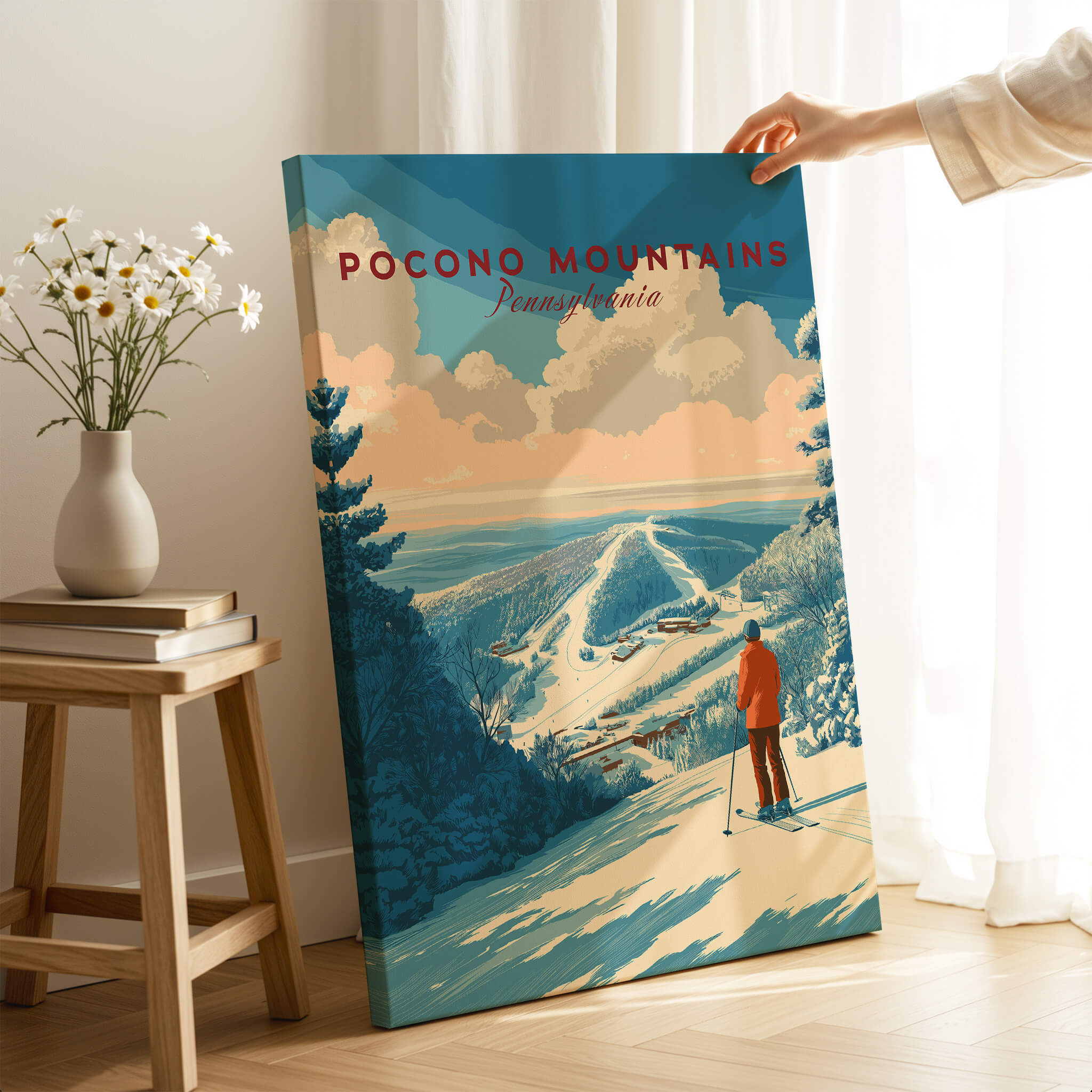 Pocono Mountains Ski Print showcasing a scenic view of skiing in the Pocono Mountains, Pennsylvania.