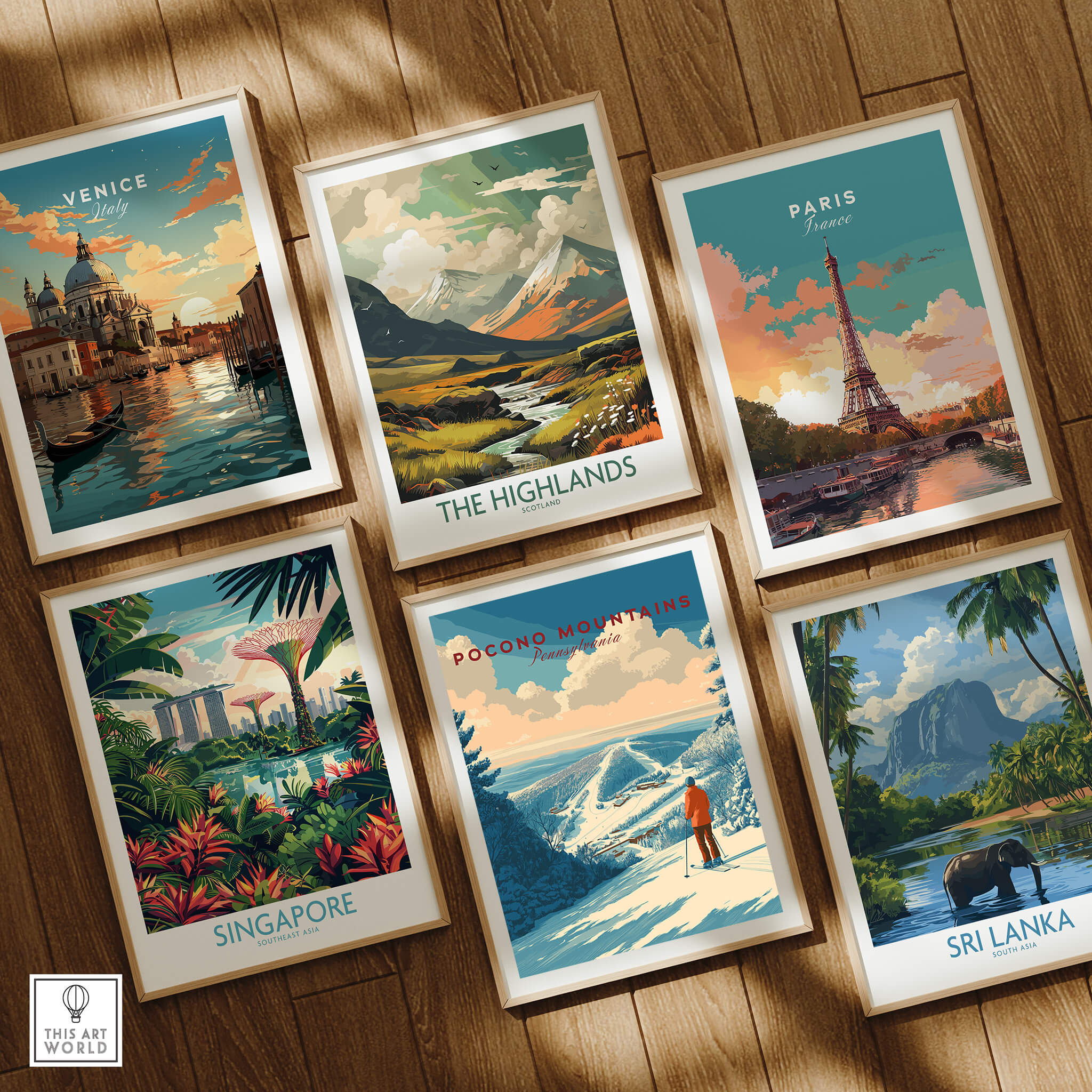 Pocono Mountains Ski Print featured among travel posters of Venice, The Highlands, Singapore, Paris, and Sri Lanka.