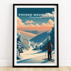 Pocono Mountains Ski Wall Art Print showcasing a skier against a vibrant mountain backdrop.