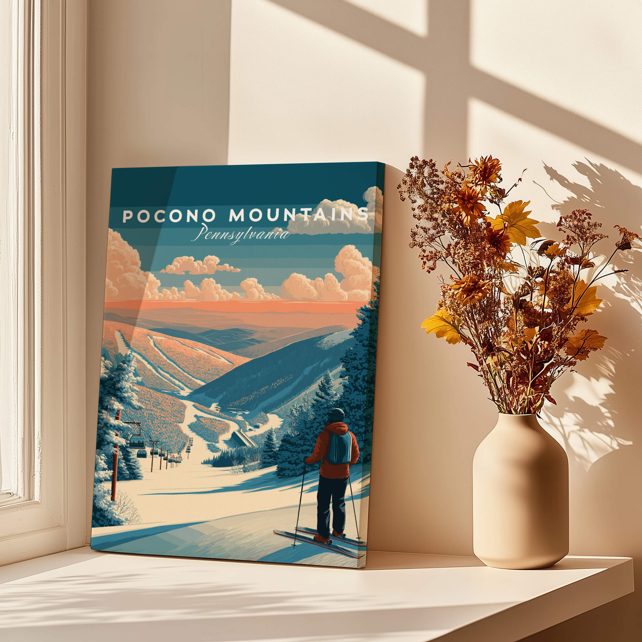 Pocono Mountains Ski Wall Art Print featuring colorful mountain scenery and a skier, perfect for ski enthusiasts.