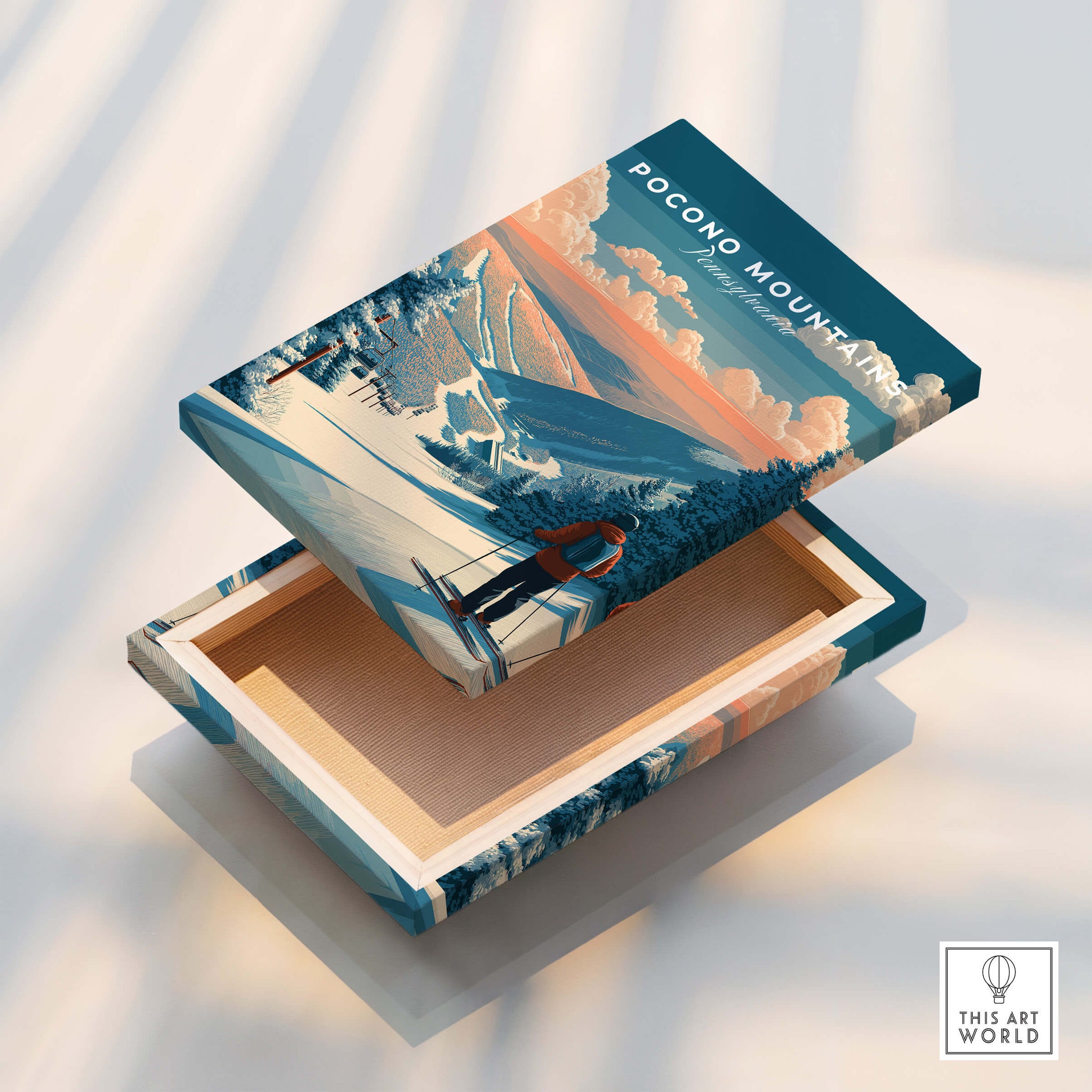 Pocono Mountains Ski Wall Art Print showcasing vibrant skiing imagery on a decorative box.