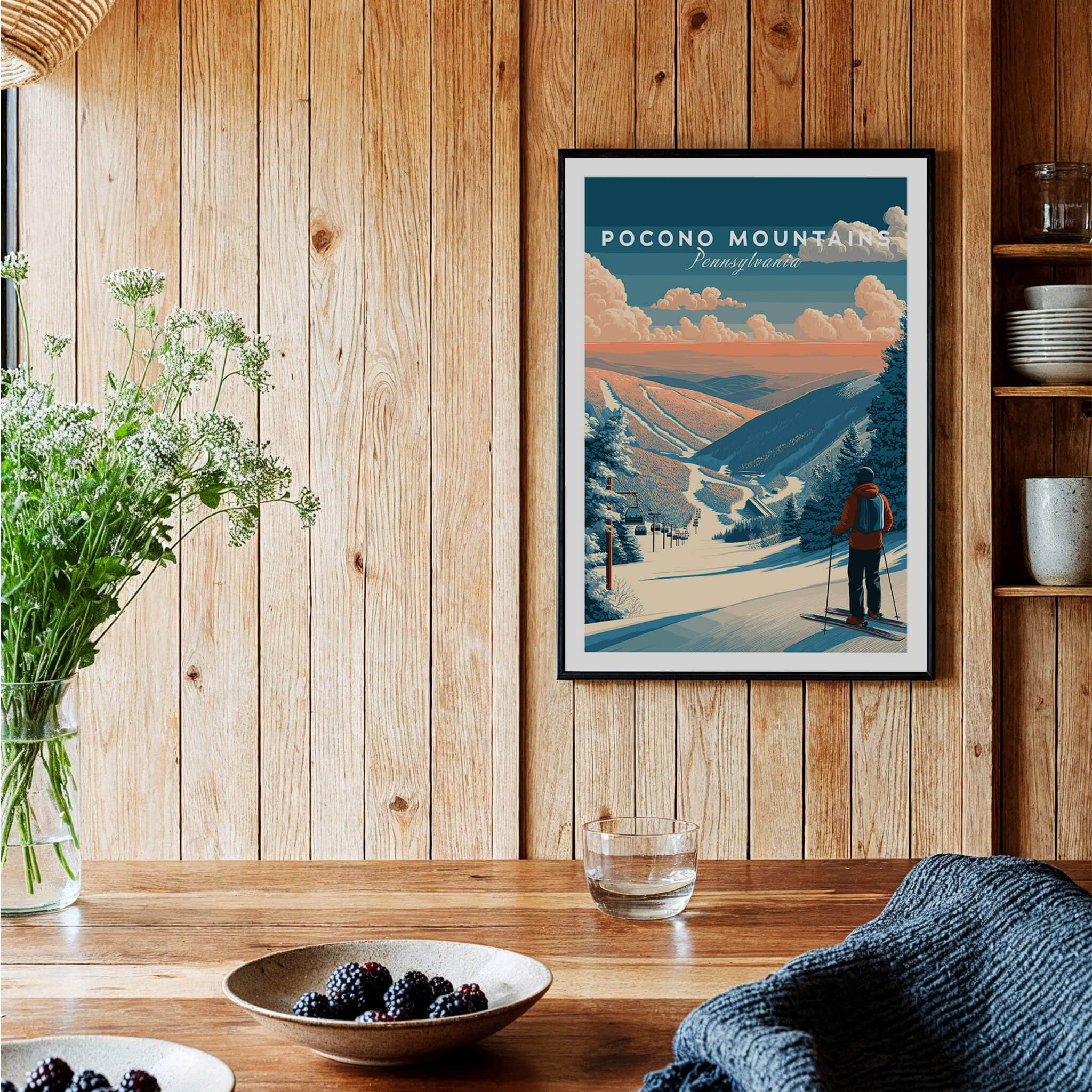 Pocono Mountains Ski Wall Art Print showcasing a skier in a stunning winter landscape with vibrant colors.