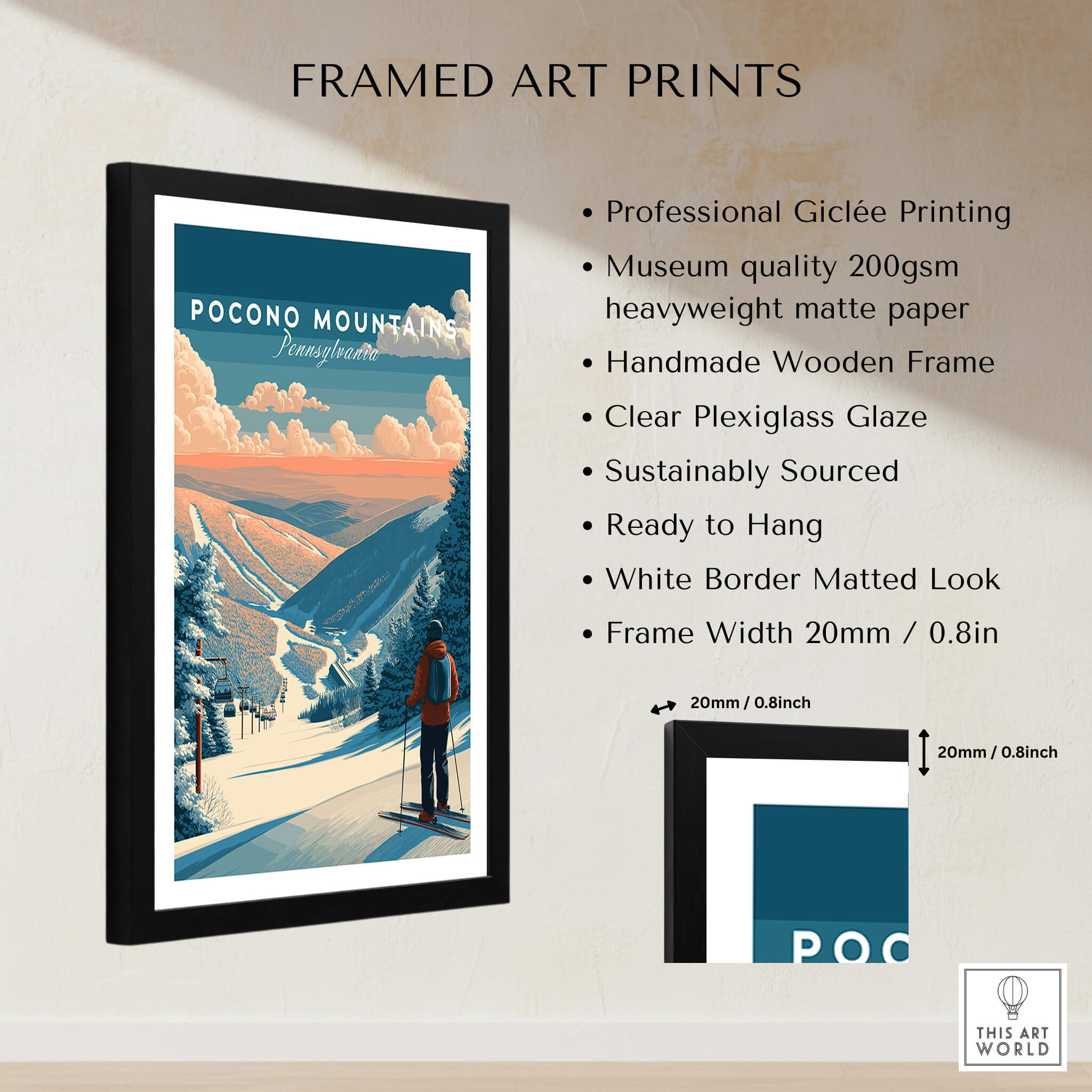 Pocono Mountains Ski Wall Art Print showcasing a framed Giclée print with vibrant skiing imagery and quality design.
