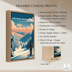 Pocono Mountains Ski Wall Art Print framed canvas print showcasing vibrant skiing imagery in a wooden frame.