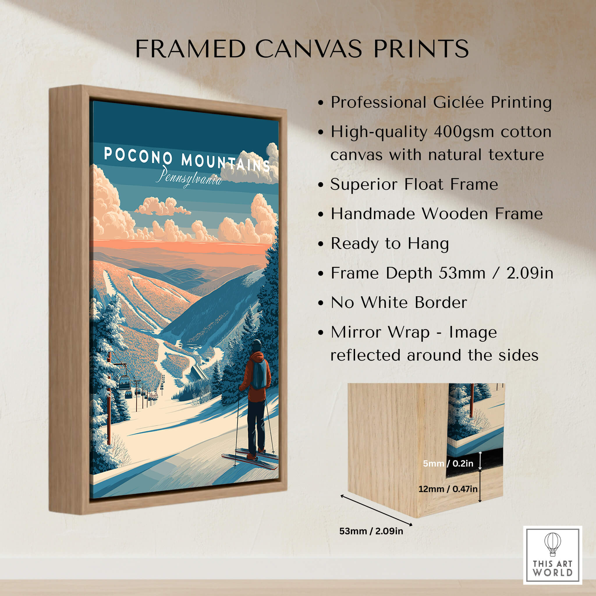 Pocono Mountains Ski Wall Art Print framed canvas print showcasing vibrant skiing imagery in a wooden frame.