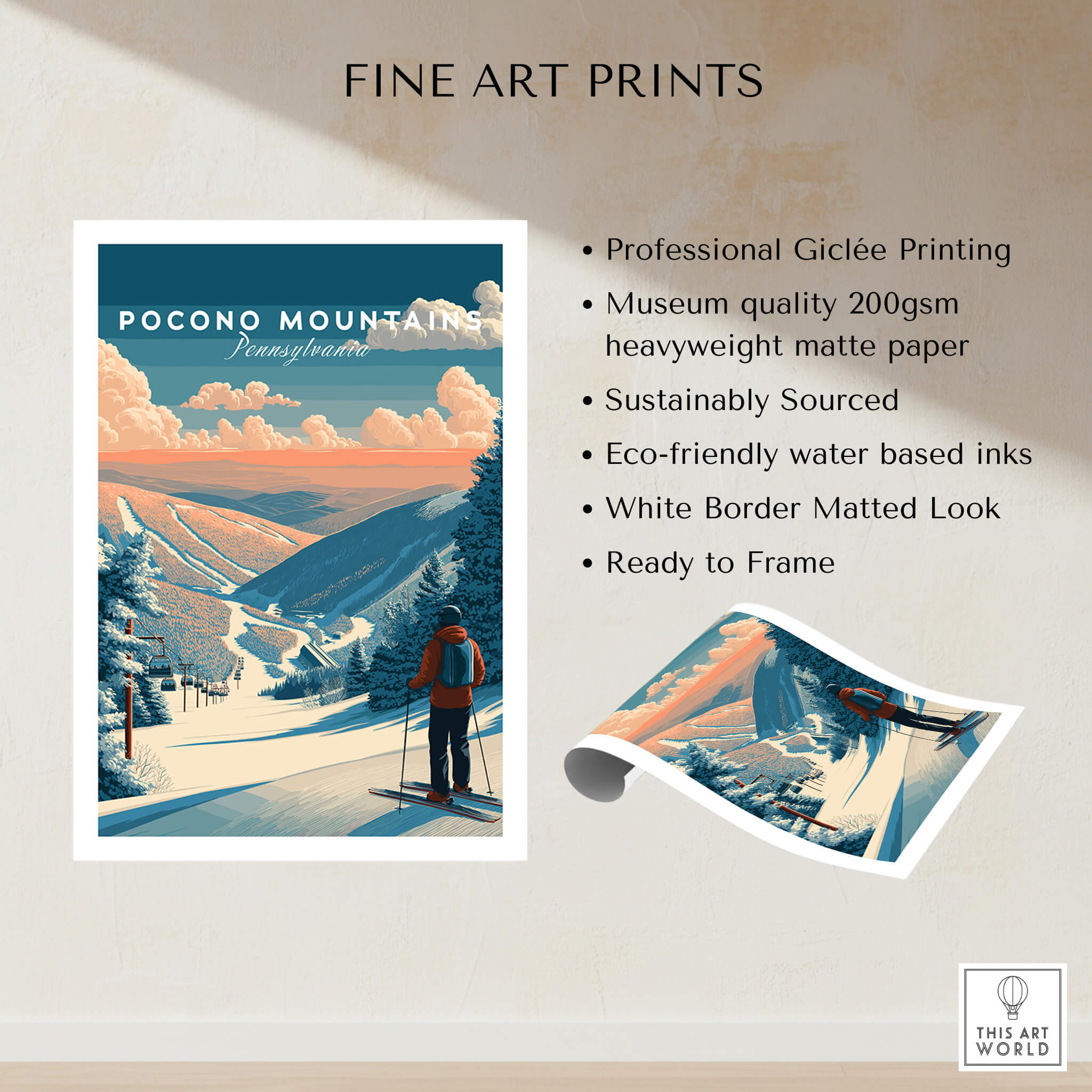 Pocono Mountains Ski Wall Art Print showcasing vibrant ski imagery and professional Giclée quality for ski enthusiasts.