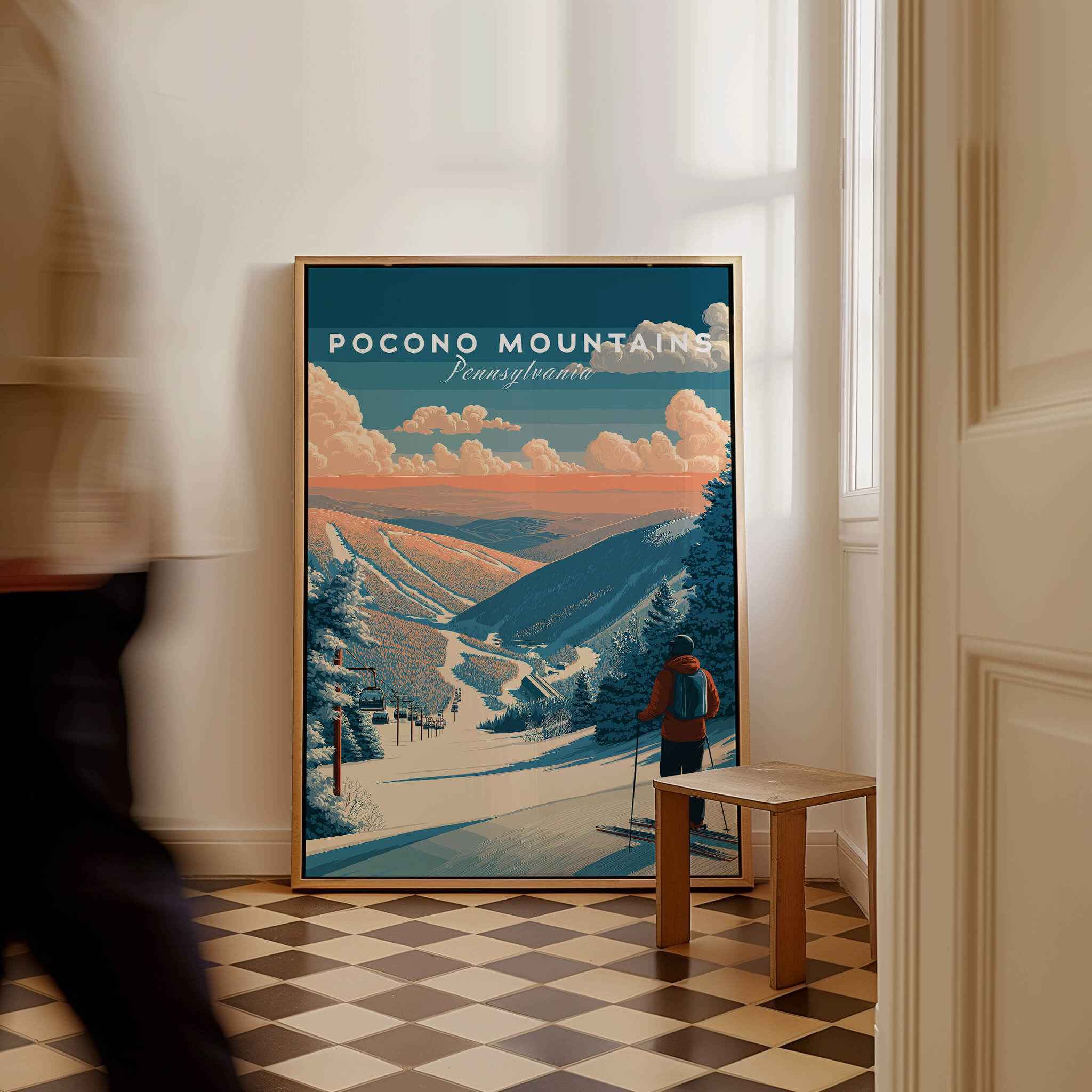 Pocono Mountains Ski Wall Art Print showcasing stunning ski imagery and vibrant colors in a stylish interior setting.