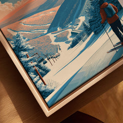 Pocono Mountains Ski Wall Art Print featuring a skier overlooking a snowy trail with vibrant colors.