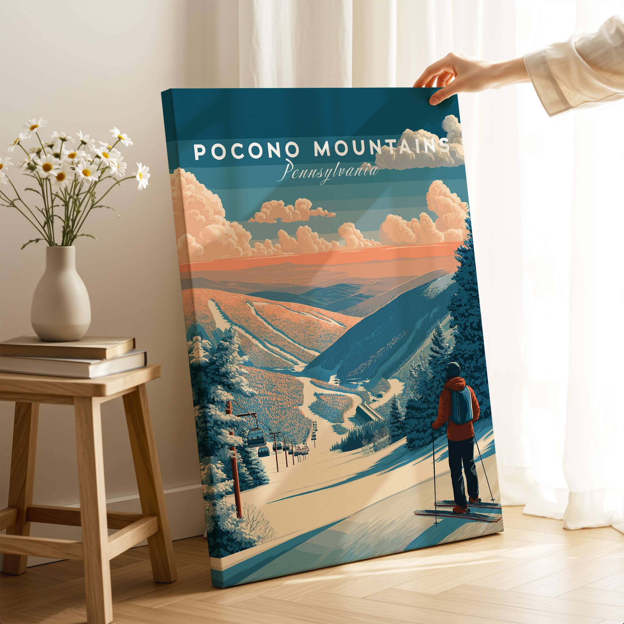 Pocono Mountains Ski Wall Art Print showcasing vibrant imagery of skiing in the stunning Pocono Mountains.