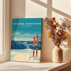 Pocono Mountains Pennsylvania Ski Resort Poster - Winter Sports Scenery Print displayed with a vase of dried flowers.