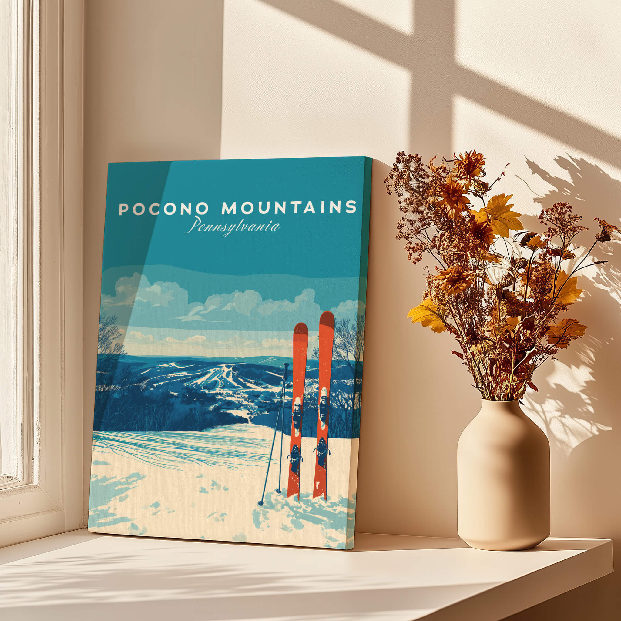 Pocono Mountains Pennsylvania Ski Resort Poster - Winter Sports Scenery Print displayed with a vase of dried flowers.