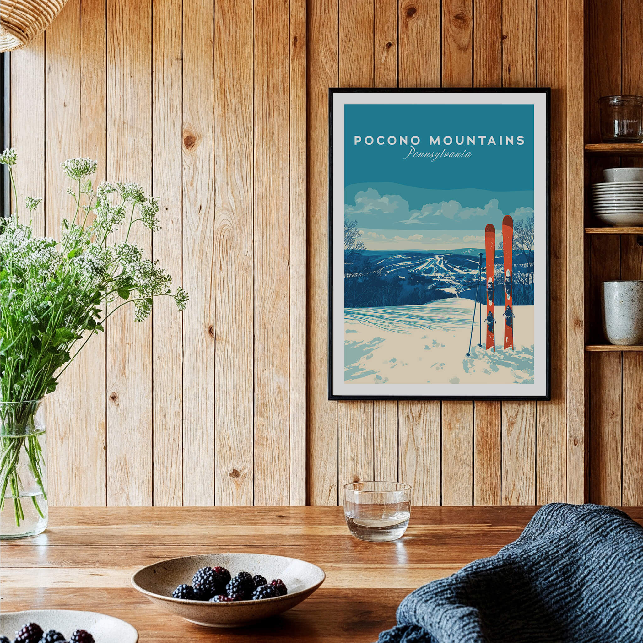 Pocono Mountains Pennsylvania Ski Resort Poster - Winter Sports Scenery Print displayed in a cozy wooden interior.