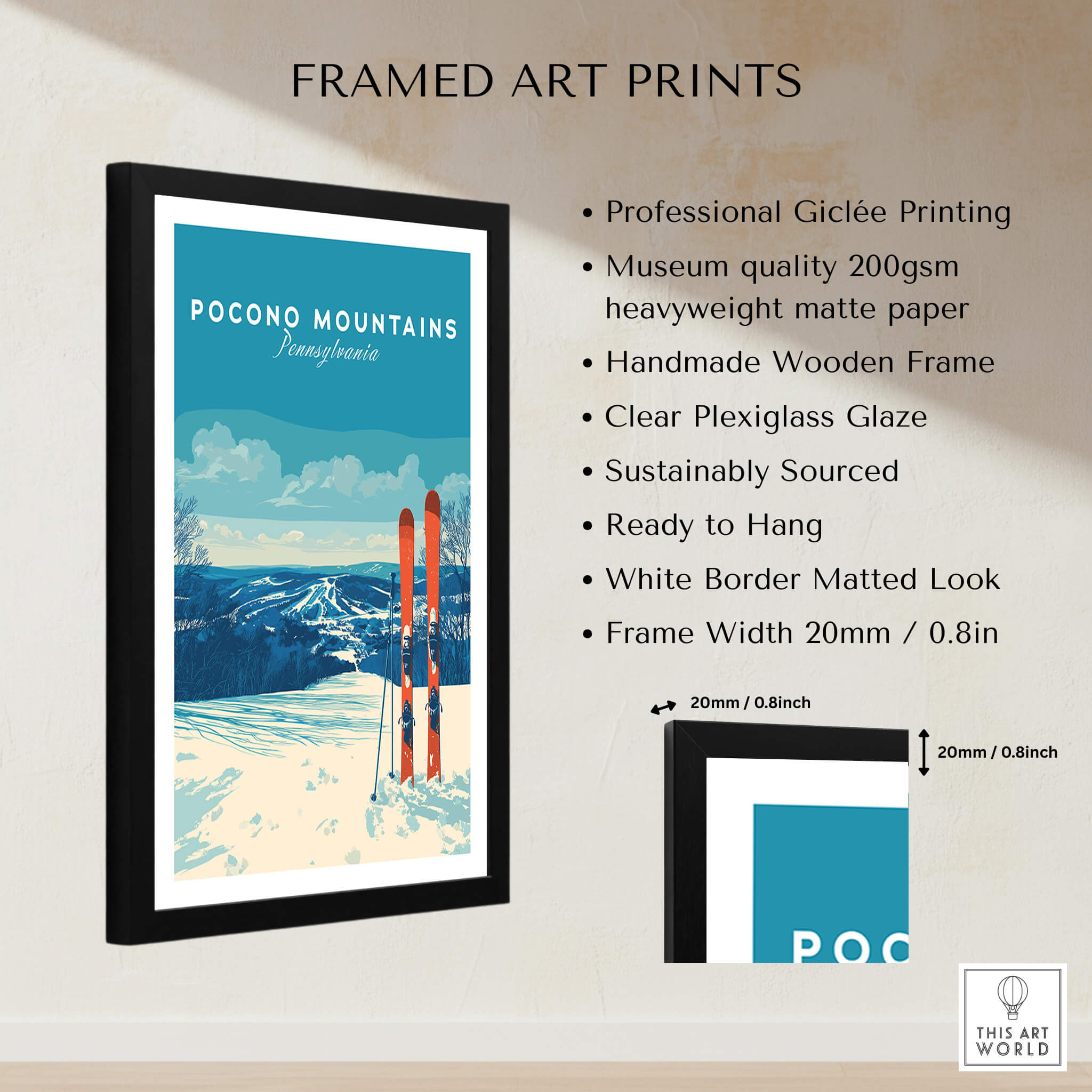 Pocono Mountains Pennsylvania Ski Resort Poster - Winter Sports Scenery Print in a framed art print display.