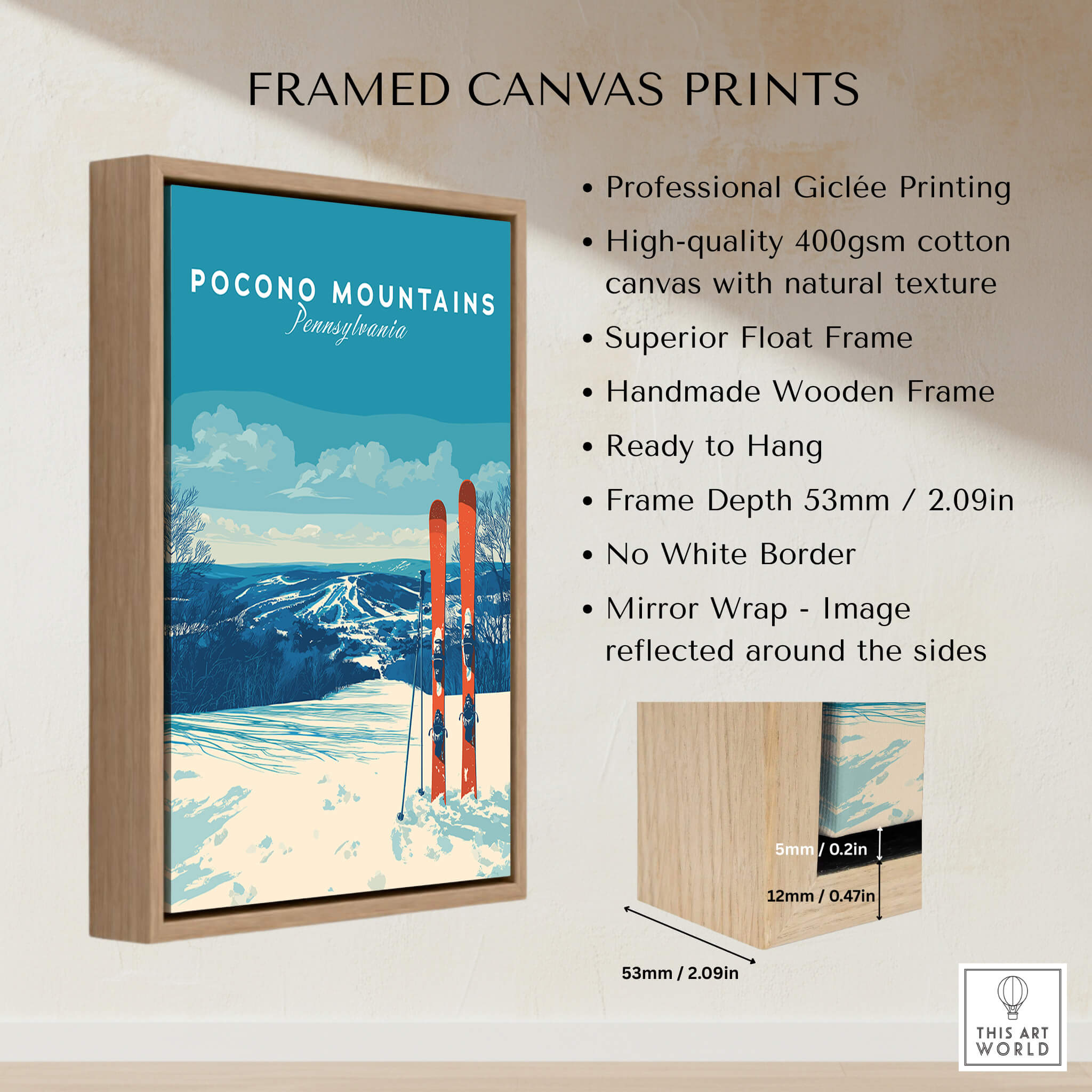 Pocono Mountains Pennsylvania Ski Resort Poster - Winter Sports Scenery Print framed canvas with wooden frame and vibrant colors.