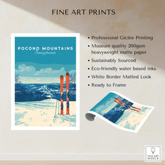 Pocono Mountains Pennsylvania Ski Resort Poster - Winter Sports Scenery Print showcasing winter sports with skis and beautiful mountain view.