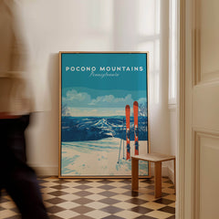 Pocono Mountains Pennsylvania Ski Resort Poster - Winter Sports Scenery Print showcasing skis and snowy mountain landscape.