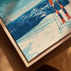 Pocono Mountains Pennsylvania Ski Resort Poster - Winter Sports Scenery Print featuring ski equipment and snowy landscape.