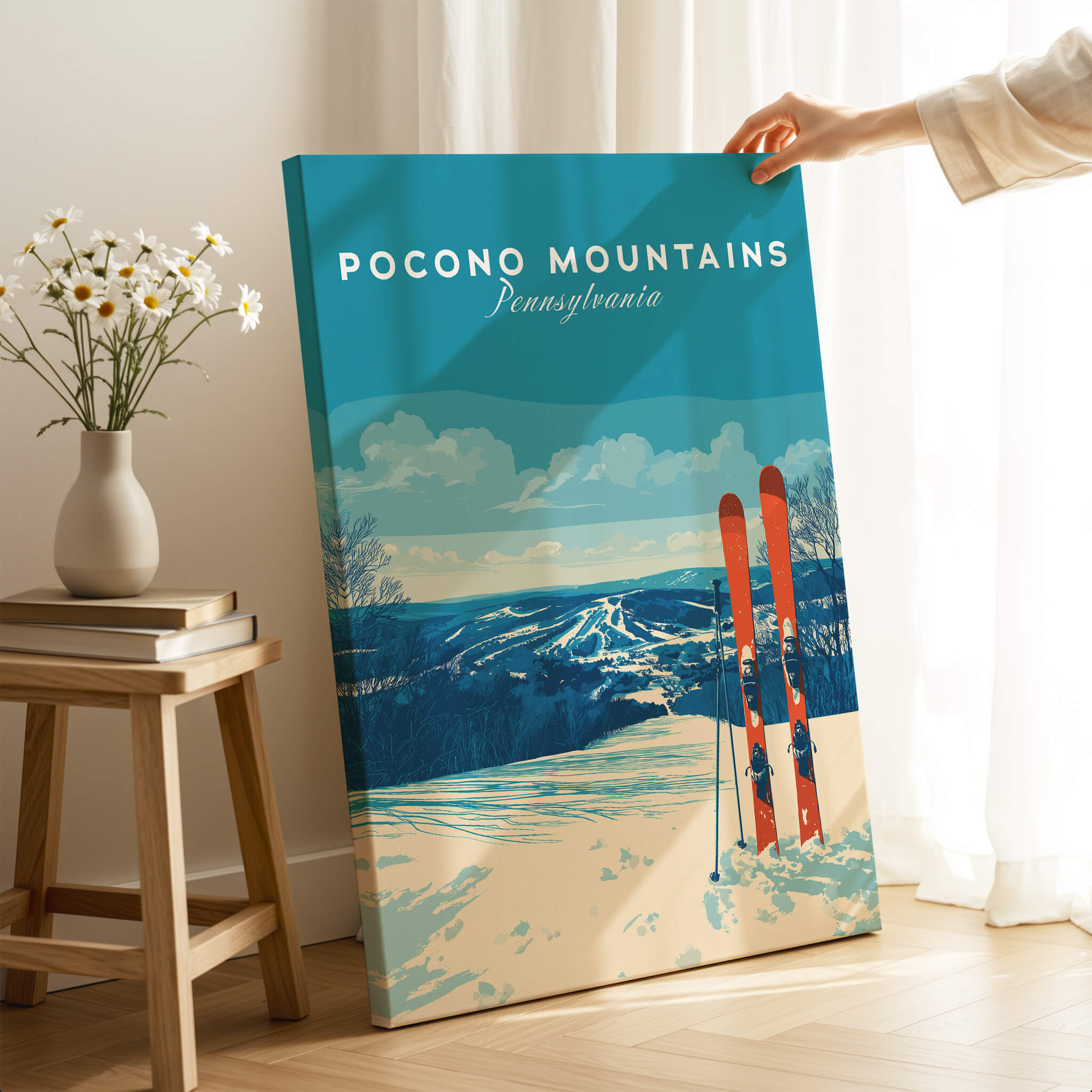 Pocono Mountains Pennsylvania Ski Resort Poster - Winter Sports Scenery Print displayed in a cozy room with skis.