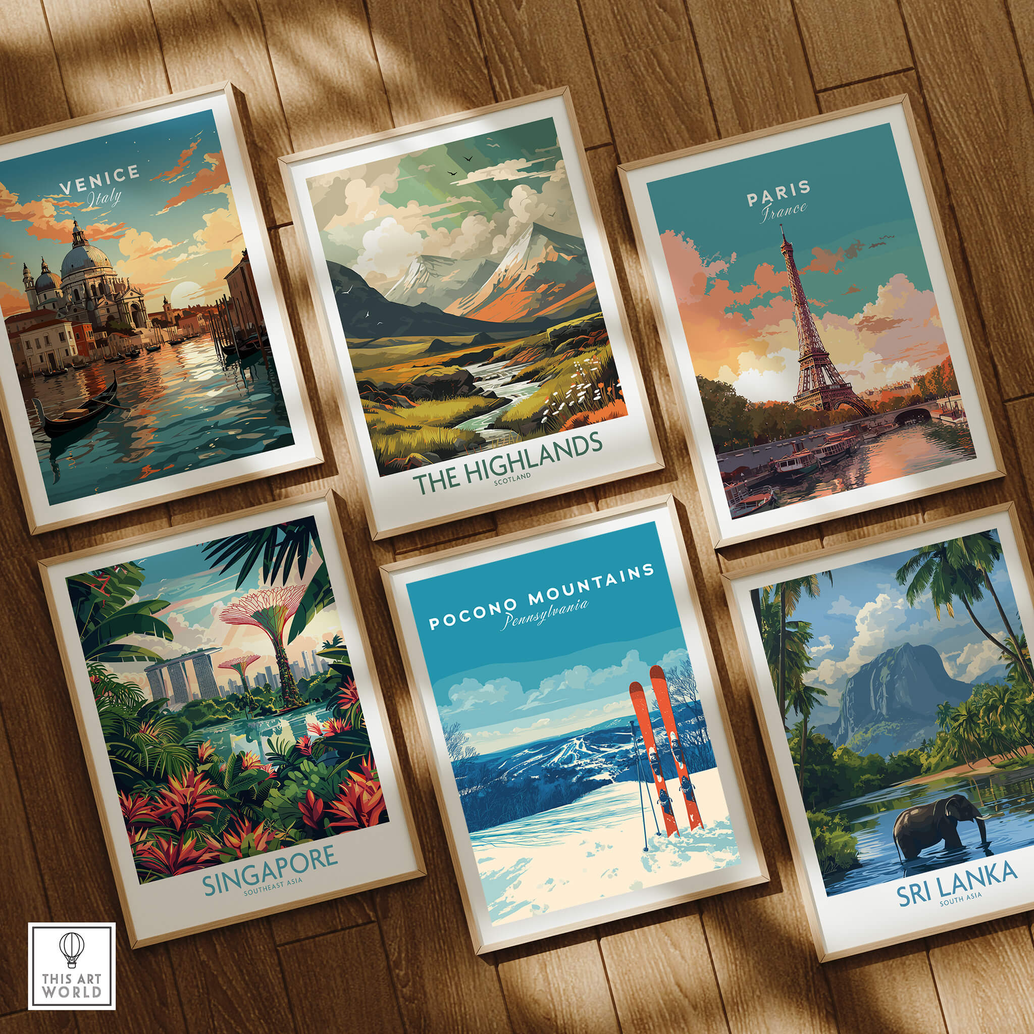 Pocono Mountains Pennsylvania Ski Resort Poster - Winter Sports Scenery Print, a collection of travel posters on a wall.