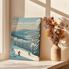 Pocono Mountains Pennsylvania Ski Run Poster - Winter Mountain Art Print displayed in a bright living room with flowers.