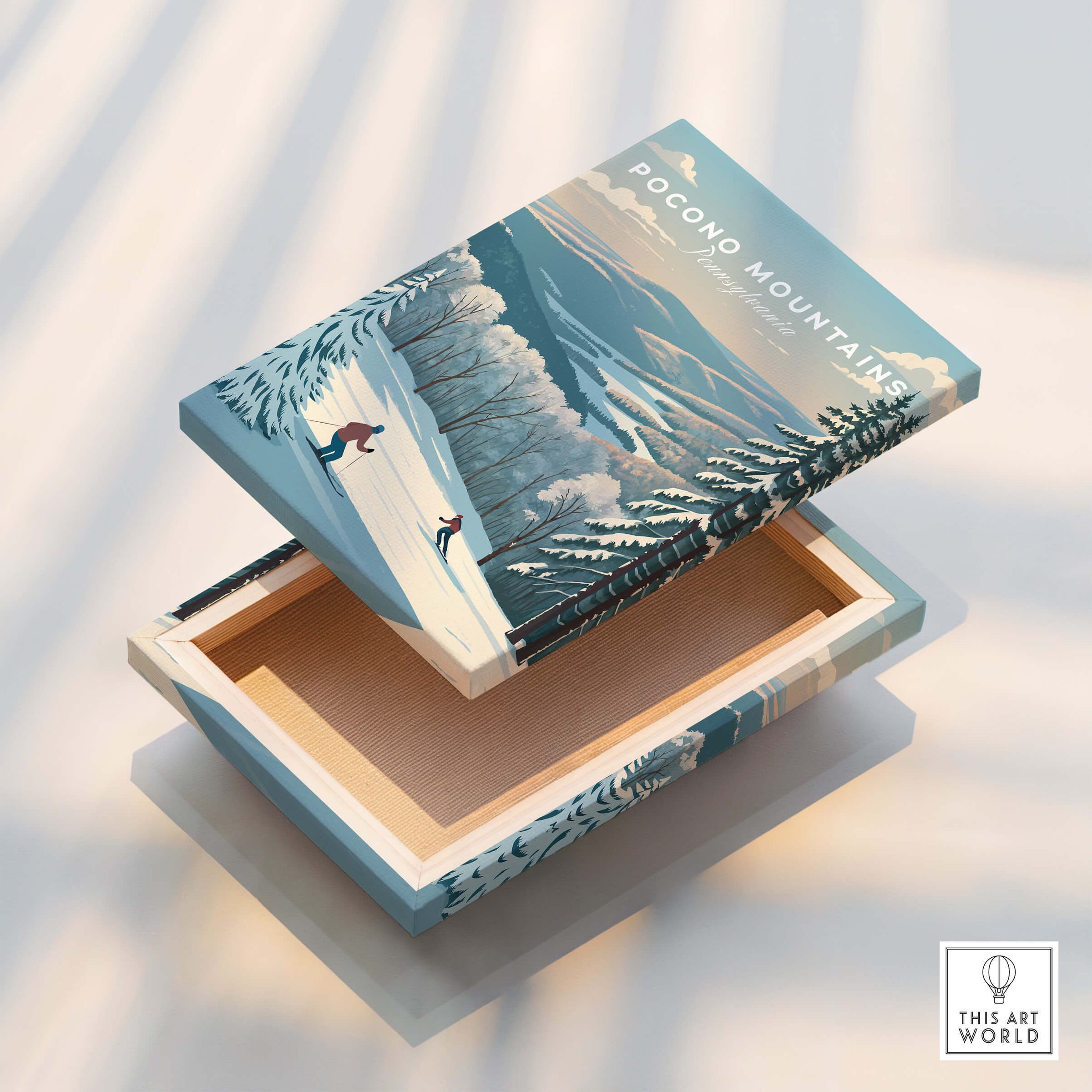 Pocono Mountains Pennsylvania Ski Run Poster - Winter Mountain Art Print design on open box with winter landscape.