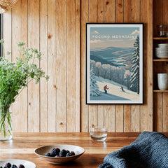 Pocono Mountains Pennsylvania Ski Run Poster - Winter Mountain Art Print displayed on a wooden wall with greenery.