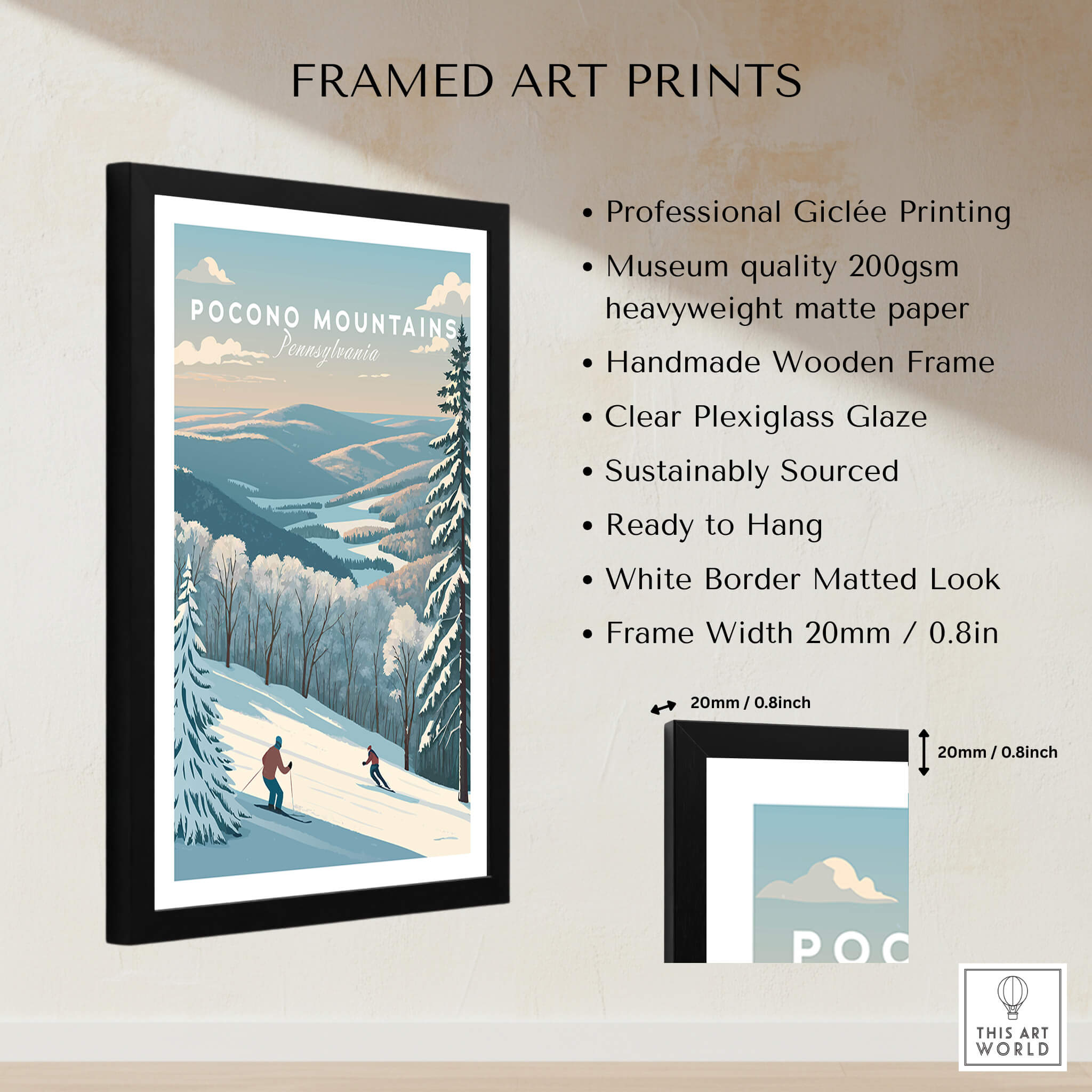 Pocono Mountains Pennsylvania Ski Run Poster - Winter Mountain Art Print in a sleek black frame with clear glaze.