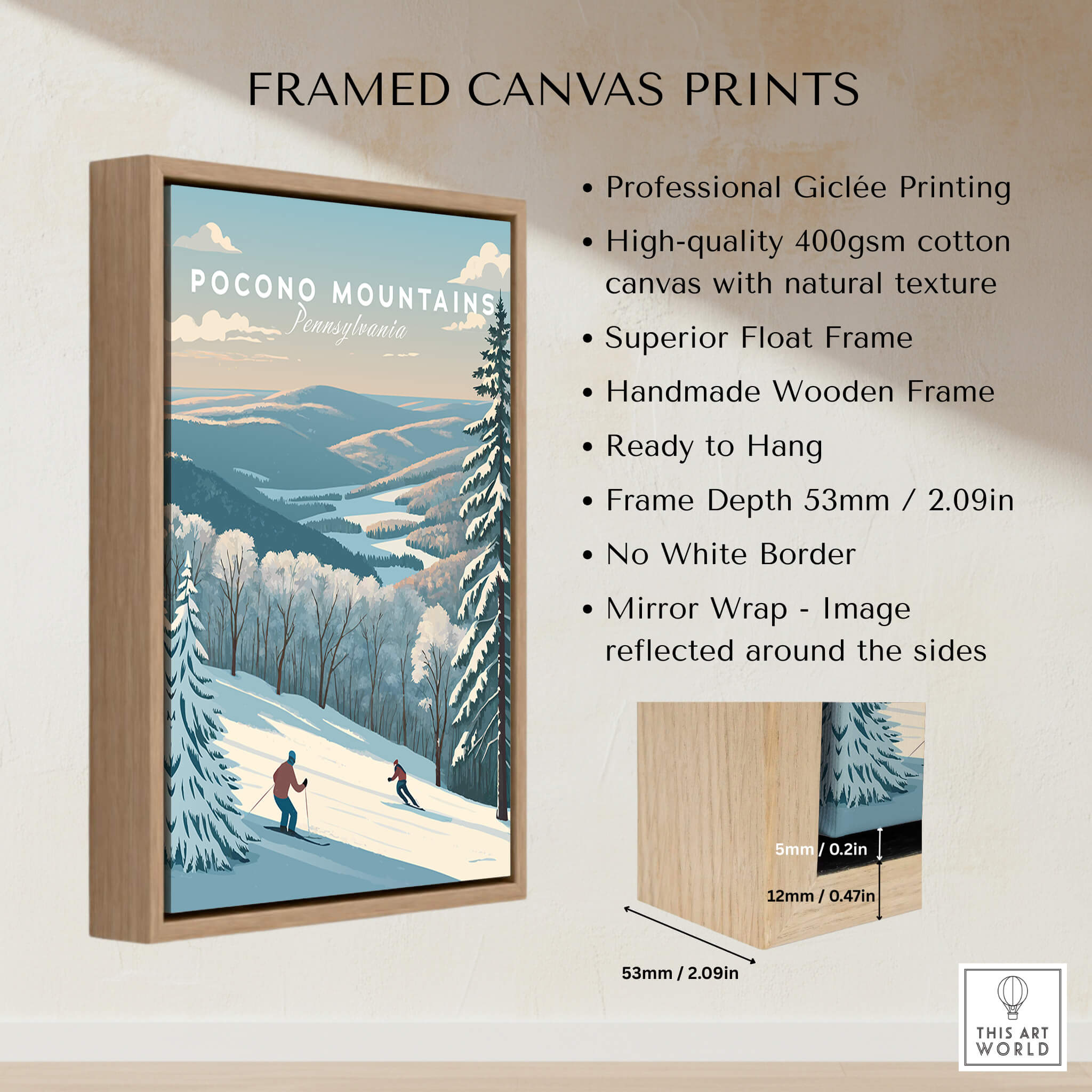 Pocono Mountains Pennsylvania Ski Run Poster - Winter Mountain Art Print framed with wooden frame and giclée printing.