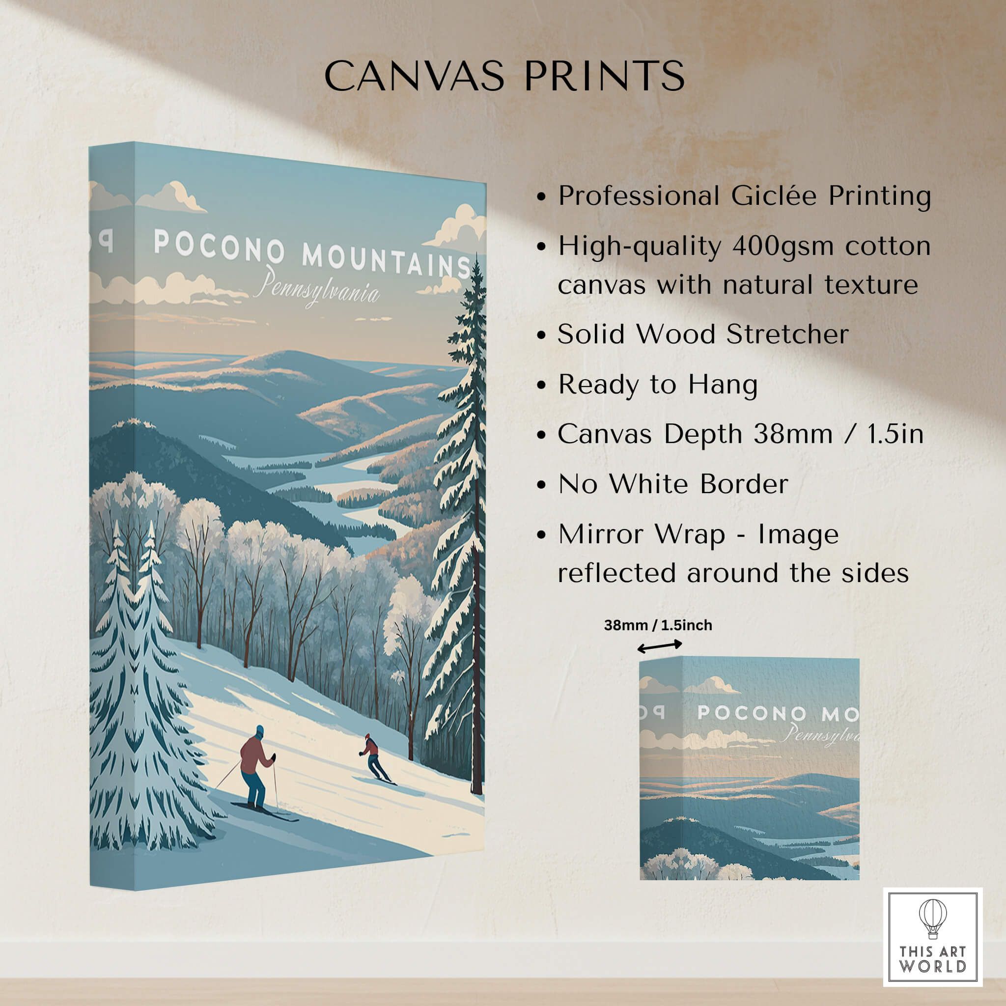Pocono Mountains Pennsylvania Ski Run Poster - Winter Mountain Art Print displayed on canvas, showcasing winter scenery.