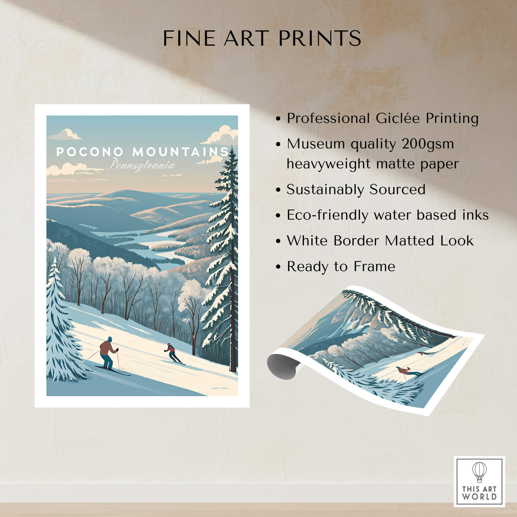 Pocono Mountains Pennsylvania Ski Run Poster - Winter Mountain Art Print showcasing a winter ski run with eco-friendly features.