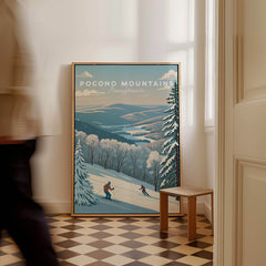 Pocono Mountains Pennsylvania Ski Run Poster - Winter Mountain Art Print displayed in a cozy interior setting.